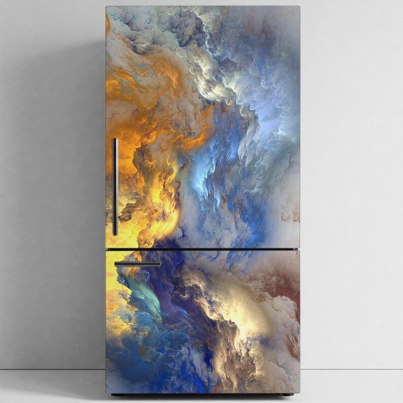 a refrigerator with a vibrant, abstract design on its surface, depicting swirling clouds and fiery colors.