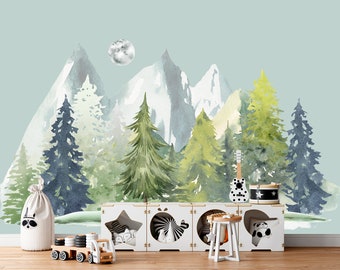 Mountain Decal Toddler Bedroom, Pine Tree Forest Animals Wall Decal Kids Room, Woodland Vinyl Sticker Nursery Watercolor Ombre Playroom Z776