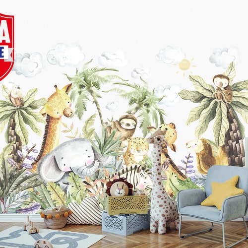 Big Jungle Wall Stickers Kids Room Giraffe Nursery Wall Etsy