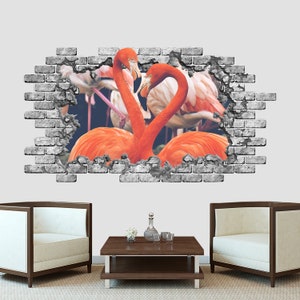 Pinker Flamingo 3D Wandtattoo Safari Tiere Loch in der Wand Vinyl Sticker. 3D Wand-Dekor. Abgebrochene Wand Wieder ablösbar. 3d Druck Kinder Poster Z436