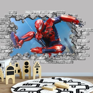 Wall Decal SpiderMan, Superhero Smashed Wall Decor, 3D Depth Illusion Vinyl Mural Custom Gift Removable Wall Sticker Decal Poster Kids Z179