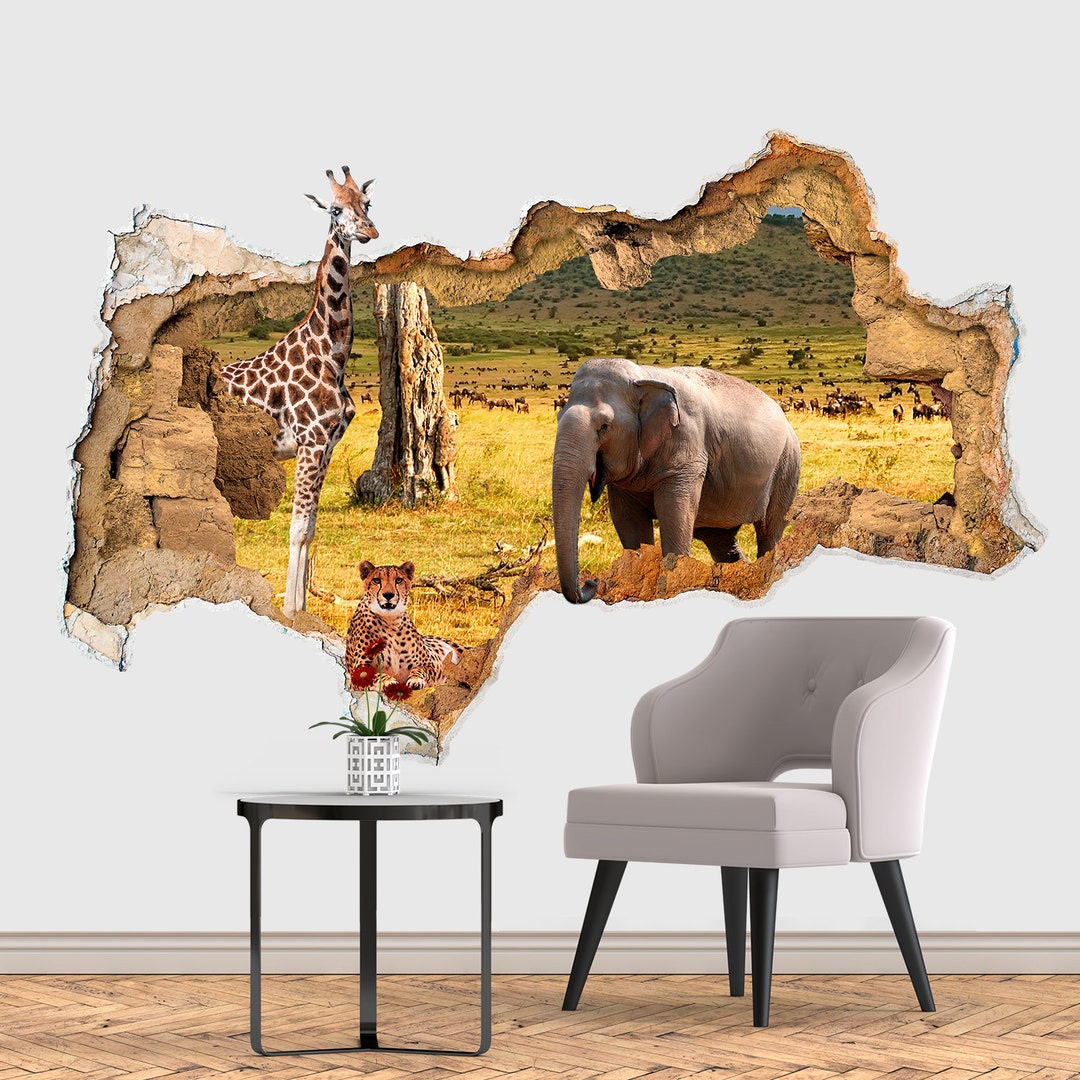 Safari Animals Wall Decal - Giraffe Hole in Wall Sticker - Elephant ...