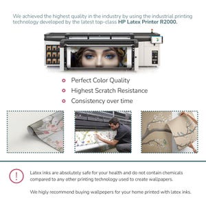 The image is a collage of four images, each depicting a different aspect of the latest top-class HP latex printer R2000. The images showcase the printer's perfect color quality, highest scratch resistance, consistency over time, and latex inks that are safe for health and do not contain chemicals compared to other printing technologies. The collage also highlights the printer's ability to create wallpapers and emphasizes the importance of buying wallpapers for your home printed with latex inks.