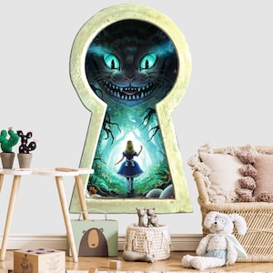 Alice in Wonderland Adventure Nursery Decor, Wall Decal Cheshire Smile, Vinyl Sticker Keyhole, Hole in wall Kids Play Room Decoration Z837