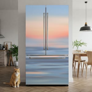 Sunset At Sea sticker koelkast peel and stick, blauw oranje ombre koelkast wrap alcoholinkt kunst vinyl sticker voor keukencover verwijderbaar