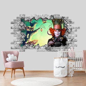 3d Wall Decal Mad Hatter. Alice in Wonderland Adventure Nursery Decor. Alice Wonderland Vinyl Sticker Hole in wall Decal for Play Room Z299