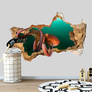 3D Wall Decal Nautical Underwater Nursery Decor Octopus 3D Depth Illusion  Wall Decor Vinyl Mural Removable Wall Sticker Decal Poster Z226