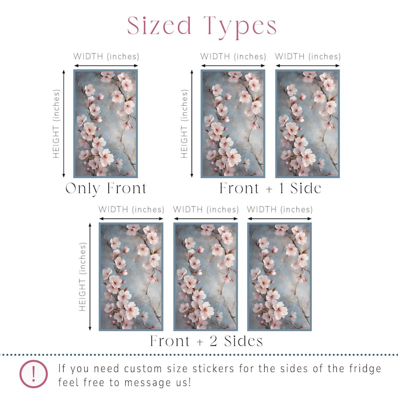 The image is a collage of five images, each depicting a different type of flower, specifically pink flowers. The images are arranged in a grid format, with two rows and three columns. The images are labeled with their respective widths in inches, which are provided in a table format. The table also includes a note that if the user needs custom size stickers for the sides of the fridge, they should feel free to message the creator.