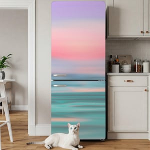 Sunset At Sea sticker koelkast peel and stick, groen oranje ombre koelkast wrap alcoholinkt kunst vinyl sticker voor keukencover verwijderbaar