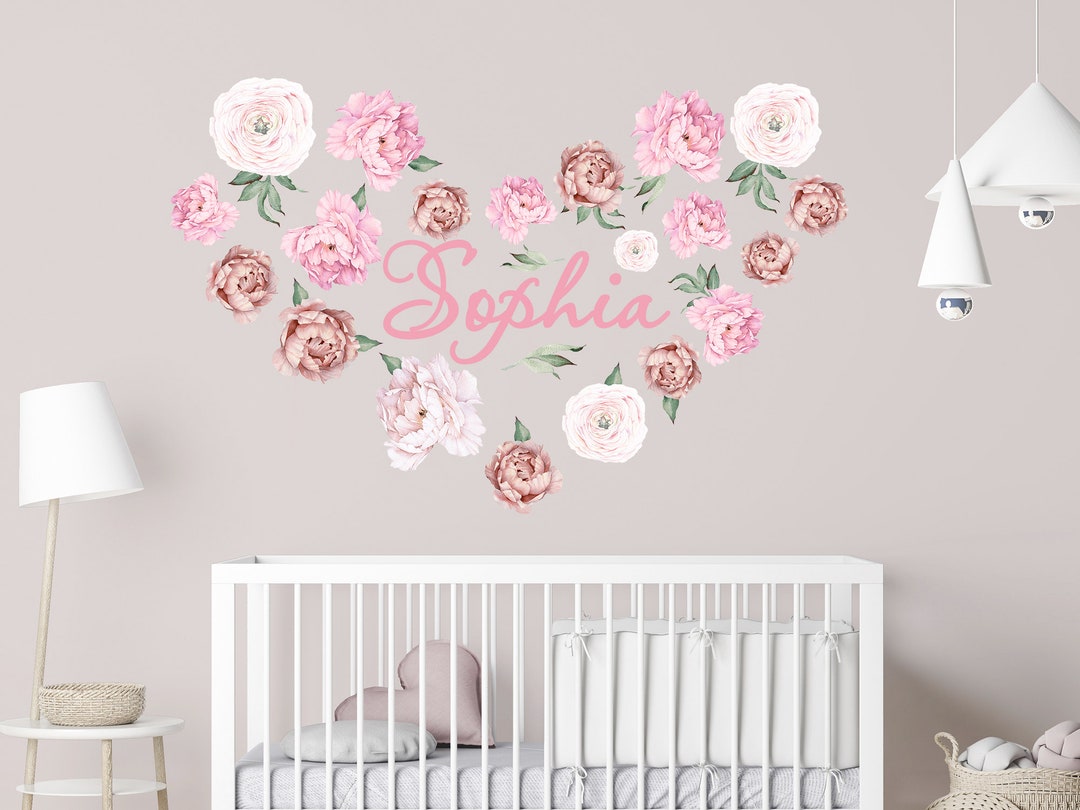 Personalized Watercolor Peony Wall Decal Nursery Girl. Soft Peony ...