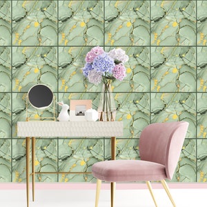 Set OF 24 Tiles Wall Sticker / Marble Print Decals Peel & Stick / Green Tile Decal Removable Non Metallic Gold / Kitchen Bathroom Decor LL16