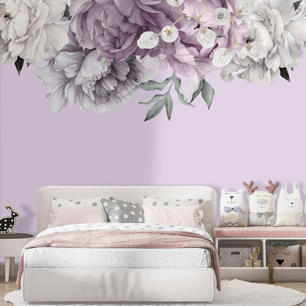 Purple Peony Flower Wall Decal Baby Girl Nursery, Floral Decoration Kids Room, Peonies Vinyl Stickers Peel and Stick, Above crid Decor Z864