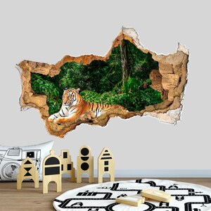 Tiger Wall Decal Tropical Hole in Wall Decor Exotic Animals Wall Decal 3D Vinyl Sticker for Nursery Removable Sticker 3D Poster Kids Z289
