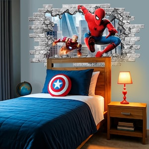 Spiderman Wall Decal, Superhero Smashed Wall Decor, 3D Brick Comics Vinyl Mural, Custom Gift Removable Wall Sticker Decal Poster Kids Z183