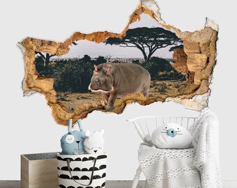 Hippo Wall Decal 3D Safari Animals for Nursery Hole in wall sticker Hippo Wall Decor Vinyl Decal Removable 3D Wall Sticker Poster Kids Z268