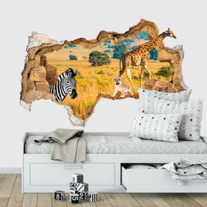 Safari animals 3D Wall Decal for Nursery 3D Decor Hole in Wall Decor Zebra Vinyl Mural Removable Giraffe Wall Sticker 3D Poster Kids Z259