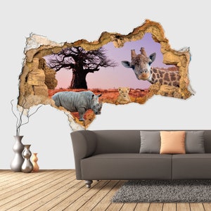 Wall Decal Safari 3D Animals Giraffe Hole in wall sticker Hippo Wall Decor Nursery 3D Vinyl Decal Removable 3D Wall Sticker Poster Kids Z261