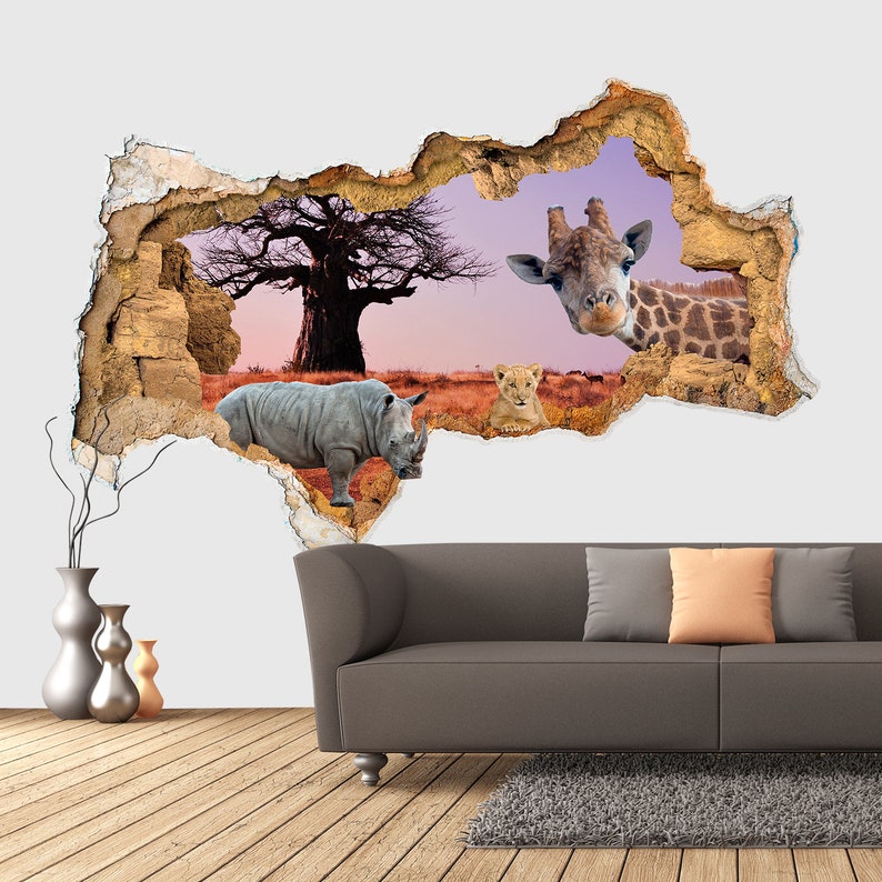 Wall Decal Safari 3D Animals Giraffe Hole in Wall Sticker Hippo Wall ...