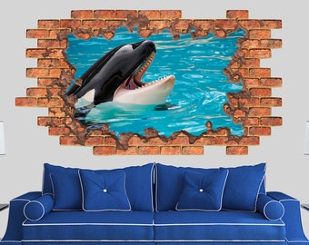 3D Wall Decal Nautical Nursery Decor 3D Depth Illusion Whale in Hole Wall Decor Vinyl Mural Removable Wall Sticker Decal Poster Kids Z220