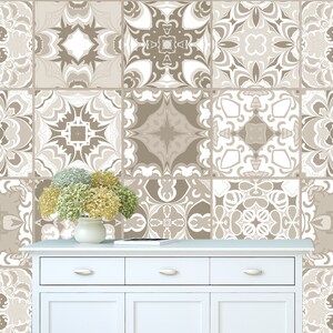 Set OF 24 Tiles Wall Stickers, Beige Mexican Portuguese Etno Traditonal Tile Stickers Peel & Stick Tile Decal Kitchen Bathroom Decal Z727