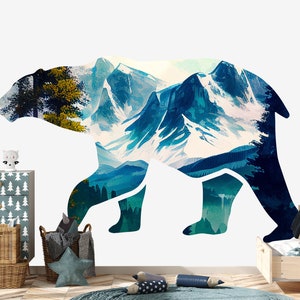 Silhouette Bear Decal Toddler Nursery Boy Girl, Watercolor Mountain Forest Animal Wall Decal Kids Room, Woodland Vinyl Sticker Playroom Z811