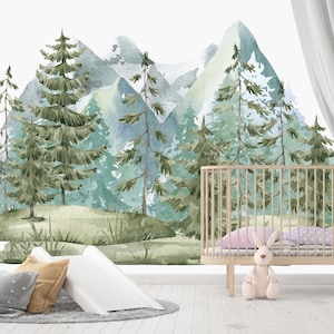 Woodland Watercolor Wall Decal Mountain, Pine Tree Forest Nursery Mural for Boy or Girl, Blue Sticker Vinyl Decoration Kids Play Room Z800