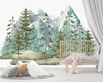 Woodland Watercolor Wall Decal Mountain, Pine Tree Forest Nursery Mural for Boy or Girl, Blue Sticker Vinyl Decoration Kids Play Room Z800