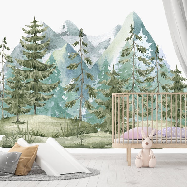 Woodland Watercolor Wall Decal Mountain, Pine Tree Forest Nursery Mural for Boy or Girl, Blue Sticker Vinyl Decoration Kids Play Room Z800