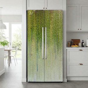 May include: Refrigerator with a green and yellow floral design. The image features a close-up of the refrigerator doors, showcasing a vibrant, nature-inspired pattern. The design resembles hanging wisteria, adding a touch of natural beauty to the kitchen.