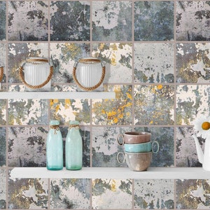 Set OF 24 Tiles Wall Stickers Grunge Wall Mural Old Broken Wall Traditonal Tile Stickers Peel & Stick Tile Decal Kitchen Bathroom Decal Z706