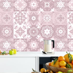 Set OF 12 Tiles Wall Stickers. Pink Spanish Style Tiles. Tile Stickers Peel & Stick. Tiles Decal Removable. Kitchen Bathroom Decal Z423