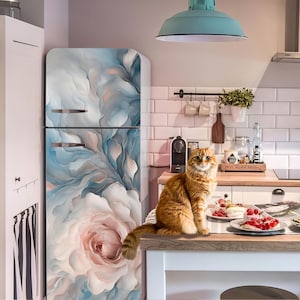 Blue Rose koelkast wrap sticker, pastel bloemen koelkast sticker, peel and stick vinyl hoes, verwijderbare keuken decor, zachte kunst print