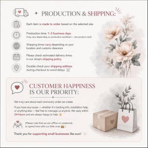 The image is a collage of various images related to the topic of production and shipping, including a floral design, a shipping address, and a product box.