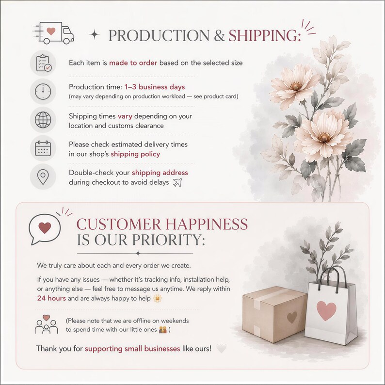 The image is a collage of various images related to the topic of production and shipping, including a floral design, a shipping address, and a product box.