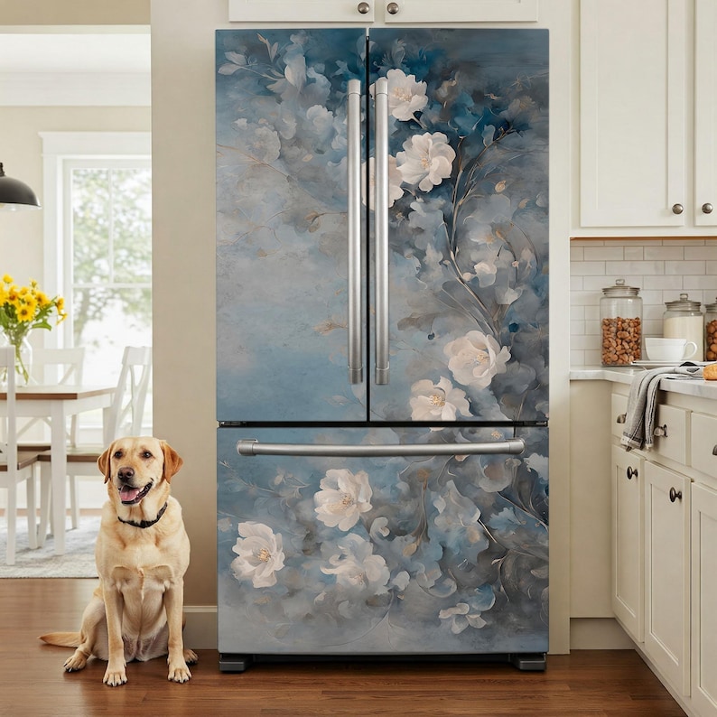 May include: A refrigerator with a floral design. The front of the fridge is covered in a blue and gray mural with white flowers and green leaves. The fridge has stainless steel handles and is in a kitchen with a dog.