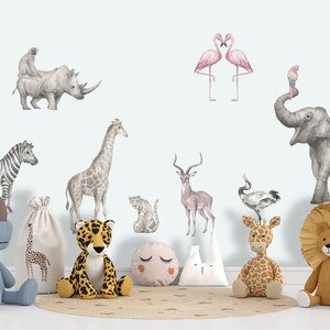 Africa Safari Animals Cutouts Wall Decals Toddler Room, Set Pastel Big Jungle Wall Sticker Kids Nursery, Giraffe Elephant Zebra Decor Z838