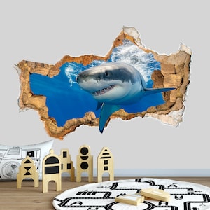 Shark Wall Decal - Nautical Underwater Nursery Decor - 3D Smashed Wall Vinyl Sticker - Shark Pictures Mural Removable Wall Sticker Kids Z227