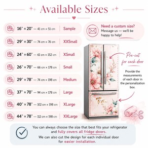 The image is a visual guide for refrigerator sizes, providing a range of available sizes and corresponding measurements. It includes a sample size and a custom size, along with a pre-cut door for each size. The guide also mentions that the refrigerator can be personalized to fit any door size. The image is a collage of several images, and the text is concise and clear, avoiding redundancy and focusing on the relevant information.