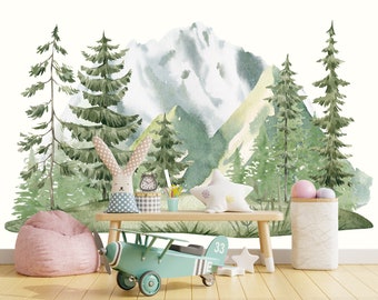 Pastel Mountain Decal baby Playroom, Pine Forest Wall Decal Kids Room, Watercolor Ombre Mountains Vinyl Sticker Nursery Above Crib Z802