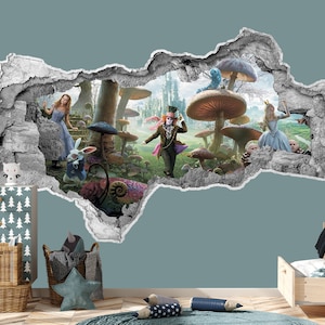 Alice in Wonderland Adventure Nursery Decor. 3d Wall Decal Mad Hatter. Alice Wonderland Vinyl Sticker Hole in wall Decal for Play Room  Z778