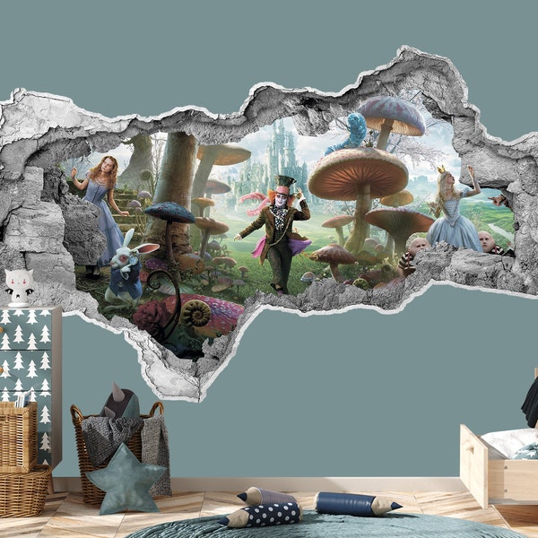 Alice im Wunderland Abenteuer Kinderzimmer Dekor. 3D-Wandtattoo Mad Hatter. Alice im Wunderland Vinyl Sticker Loch in Wand Aufkleber für Spielzimmer Z778
