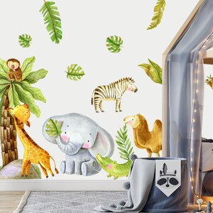 Big Jungle Wall Stickers Kids Room, Set of Safari Animals Wall Decals Toddler Bedroom Giraffe Elephant Zebra Children&#39;s Playroom Africa Z756