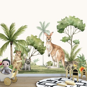 Big Kangaroo Jungle Wall Stickers Kids Room, Safari Australian Animals Wall Decals Toddler Bedroom, Palm Tropical Children&#39;s Playroom Z774