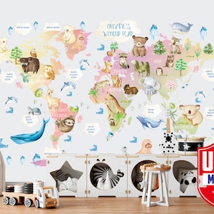 Educatieve muursticker wereldkaart kinderen, aquarel wilde dieren kinderkamer muursticker jongen meisje, kind cadeau peuter gepersonaliseerde wereldkaart Z755