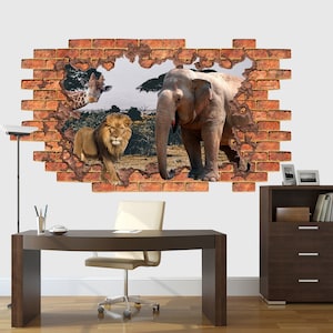 Safari Wall Decals Animal - Lion Decals - 3D Effect Wall Mural - Hole in the Wall Decal - Elephant Decal - Giraffe Decal - Smashed Wall Z264