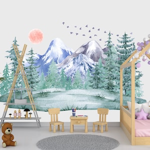 Outlander Berg Wandtattoo Kinderzimmer, Wald Wald Dekor Spielzimmer, großes Vinyl Aufkleber Junge Mädchen Aufkleber Aquarell Landschaft Wandbild Z822