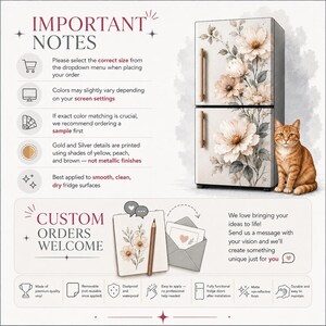 The image is a detailed guide to ordering custom refrigerator designs, featuring a refrigerator with a floral design and a cat illustration. The guide provides instructions on selecting the correct size, colors, and finishes for a custom design, as well as the benefits of ordering a sample first. The guide also mentions the option to send a message to the designer to create a unique design for the customer.