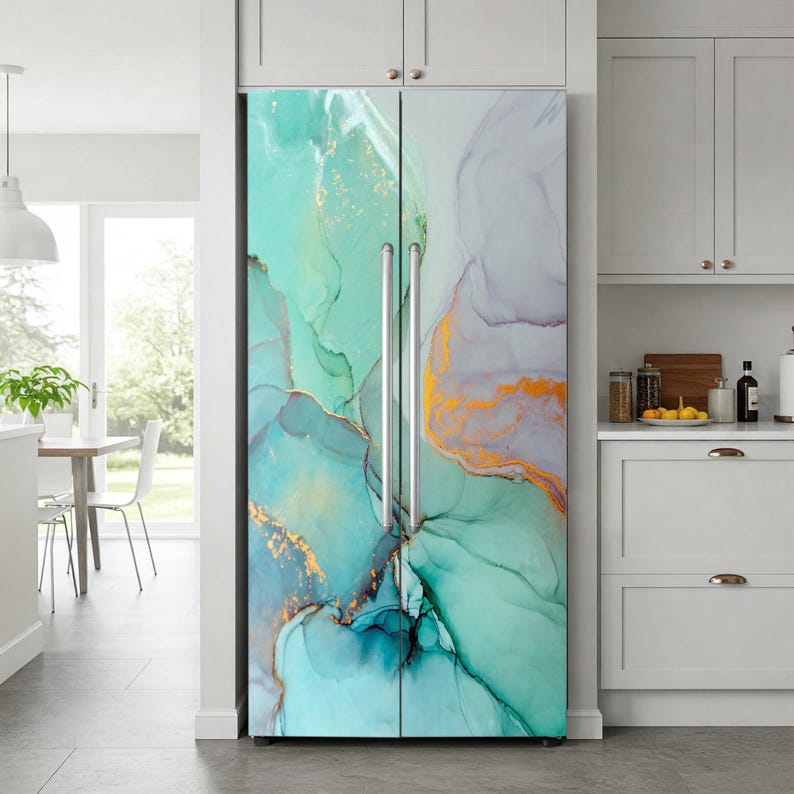 a modern kitchen with a refrigerator door covered in a vibrant abstract design in shades of blue, green, and orange. The refrigerator is situated in the center of the room, surrounded by white cabinets and a dining table.