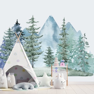 Woodland Watercolor Wall Decal Mountain, Pine Tree Forest Nursery Mural for Boy or Girl, Blue Sticker Vinyl Decoration Kids Play Room Z790