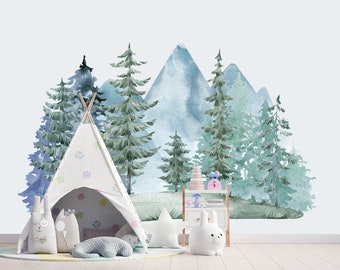 Woodland Watercolor Wall Decal Mountain, Pine Tree Forest Nursery Mural for Boy or Girl, Blue Sticker Vinyl Decoration Kids Play Room Z790